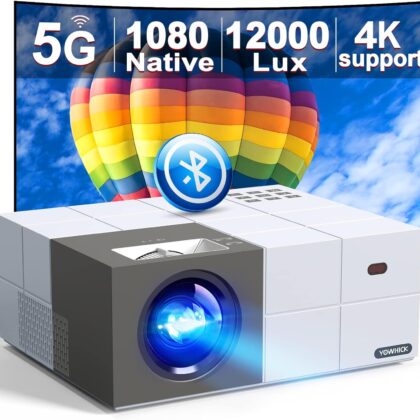 YOWHICK Native 1080P 5G WiFi Bluetooth Projector 4K Support, 12000L Outdoor Movie Projector with Screen and 300″ Display, Video Projector Compatible… Color:White