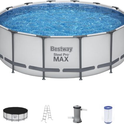 Bestway Steel Pro MAX 14 Foot x 48 Inch Round Metal Frame Above Ground Outdoor Swimming Pool Set with 1,000 Filter Pump, Ladder, and Cover Size:14′ x 48″ – Gray