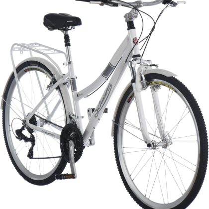 Schwinn Discover Mens and Womens Hybrid Bike, 21 Speed, 28-Inch Wheels, Step-Through or Step-Over Frame, Front and Rear Fenders, Rear Cargo Rack Style:Discover Color:White