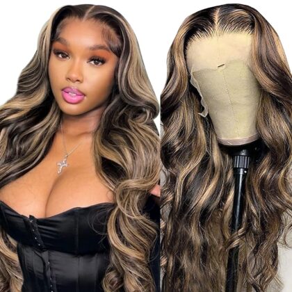 MEGALOOK 28 Inch 1b/27 Highlight Ombre Lace Front Wig Human Hair Pre Plucked 200% Density Balayage Wig Human Hair Body Wave 13×4 HD Transparent Lace Front… Size:28 Inch Color:13×4 wig 1b/27#